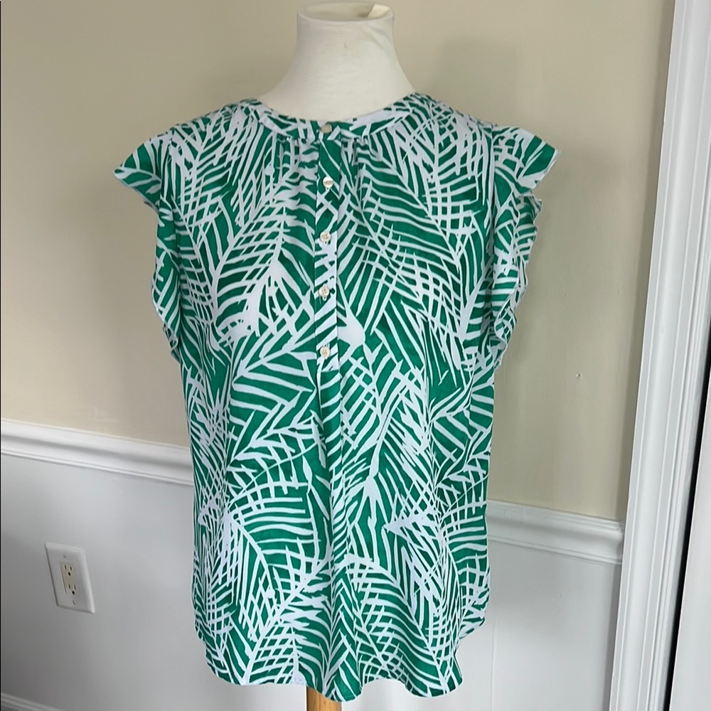 Talbots Ruffled Flutter Sleeve Blouse in White and Green